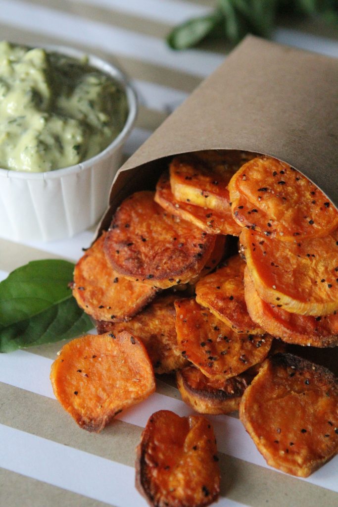 Sweet Potato "Chips" + Dips from the Whole Smiths and the secret to crispy, roasted sweet potatoes! A must Pin. Paleo friendly, gluten free and Whole30 compliant.