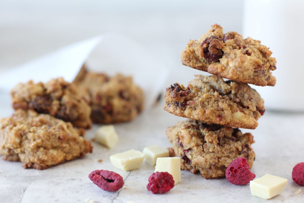 The perfect Grain-Free Raspberry and White Chocolate Chunk cookie for everything. Paleo friendly and gluten free.