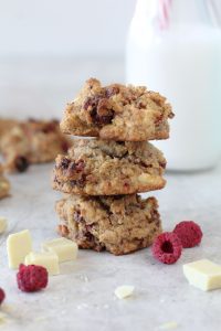 The perfect Grain-Free Raspberry and White Chocolate Chunk cookie for everything. Paleo friendly and gluten free.