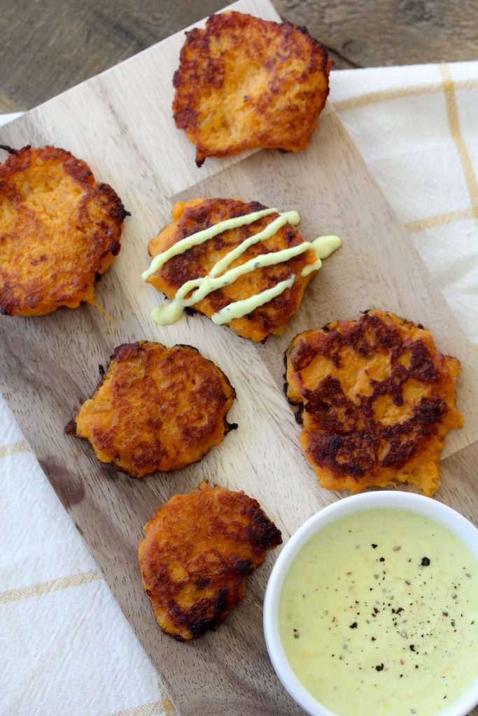These Sweet Potato Fritters + Turmeric Ginger Dip from The Whole Smiths. These fritters are gluten-free and Whole30 compliant and most importantly, delicious!