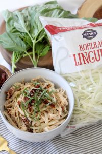 This Creamy Sun-Dried Tomato Noodle recipe from The Whole Smiths uses kohlrabi noodles and will knock your socks off! It's paleo, Whole30 and dairy-free.