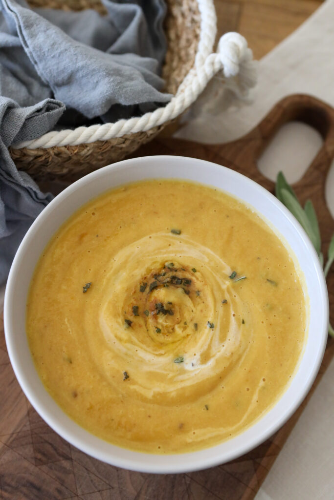 Bowl of butternut squash and chicken soup