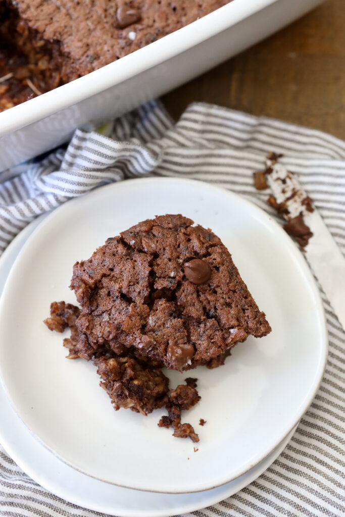 a slice of protein brownie baked oatmeal